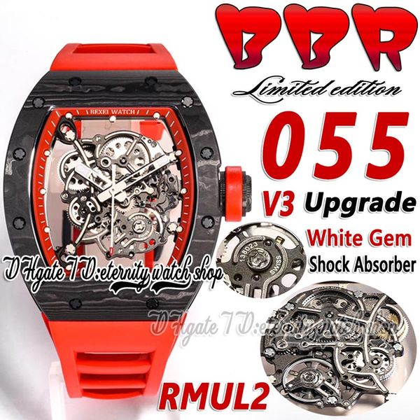 

bbr v3 bbrf055 mens watch rmul2 automatic movement 13.5mm ultrathin ntpt carbon fiber case skeleton dial red natural rubber strap limited ed, Slivery;brown