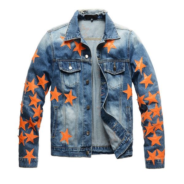 

man denim jacket mens designer jacket men jackets mens coat clothing casual lapel neck long sleeve star patches vintage fashion slim regular, Black;brown