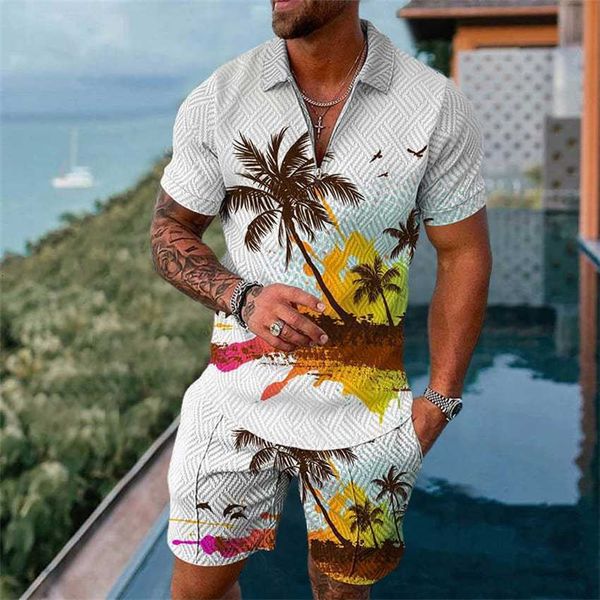

2023 summer zipper shirt beach trousers casual set 3d digital printing fashion polo sports short sleeve, White;black