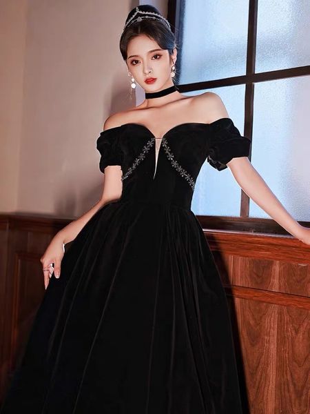 

black prom dresses off shoulder boat neck lace up backless velvet a line floor length formal party sequined elegant evening gown