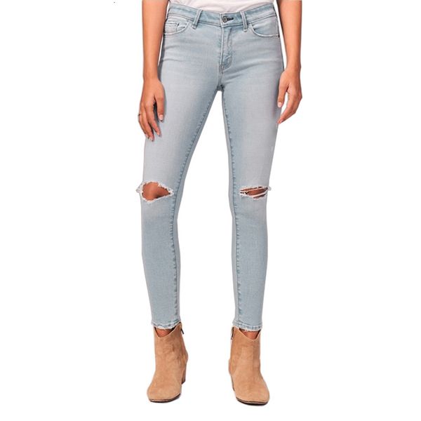 

women's jeans middle waist light blue ripped women fashion casual skinny stretch denim pants 230324