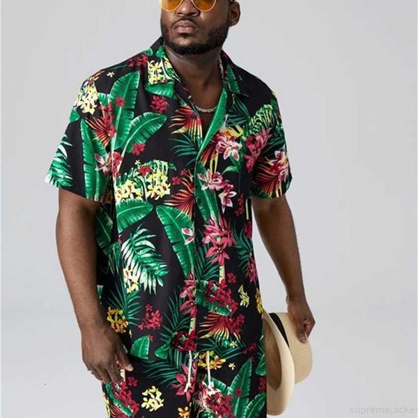 

2023 summer men's printed casual short sleeve beach shirt set, White;black