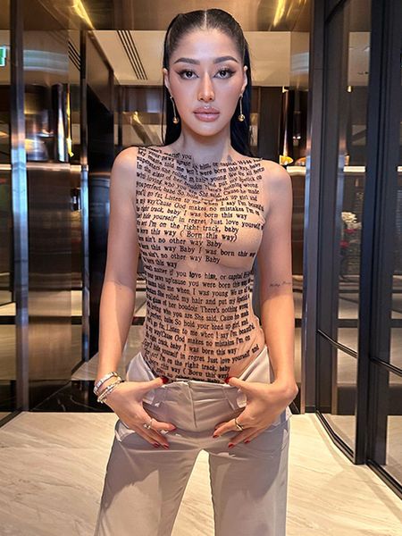 

women's t-shirt mesh letter printted t-shirt women o-neck see through tank with golve high street basic slim y2k tee shirts 230323, White