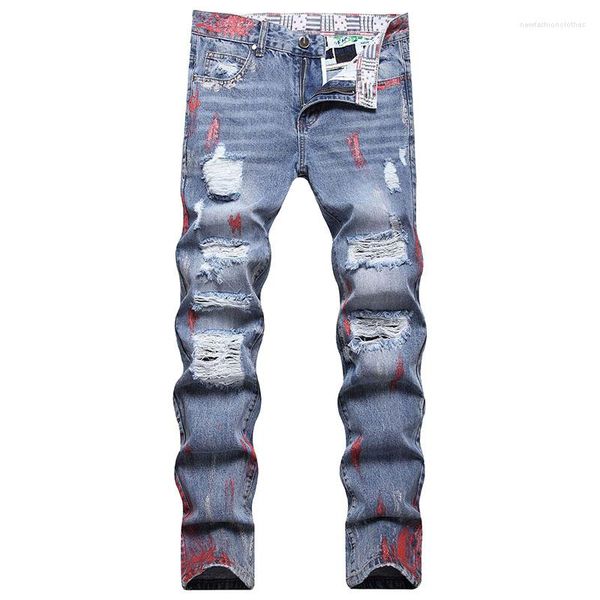 

men's jeans 2023 mens straight casual cotton male jean homme paint printing pantalones hombre men pants denim trousers, Blue