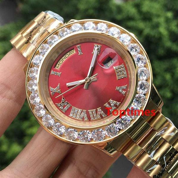 

iced out yellow gold big luxury men day-date stainless steel president automatic business red mens diamond watch wristwatches watc305k, Slivery;brown
