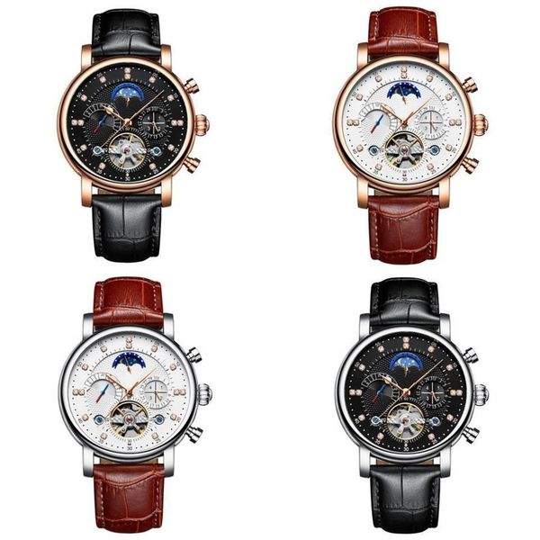 

designer watch mens watches party hand winding automatic mechanical montre homme skeleton delicate watch tourbillon natural leather sb042 c2, Slivery;brown