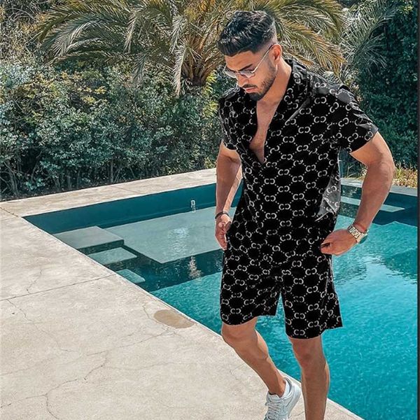 

2023 summer new print casual loose two piece beach set men, White;black