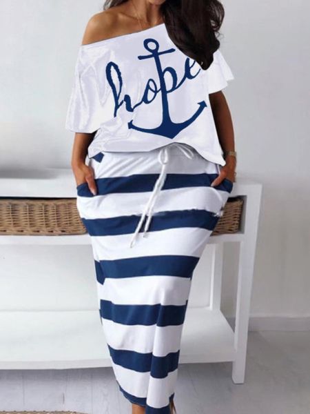 

women's plus size pants lw two piece letter print striped skirt set elegant vacation twopieces suit sets fashion summer skirt matching, Black