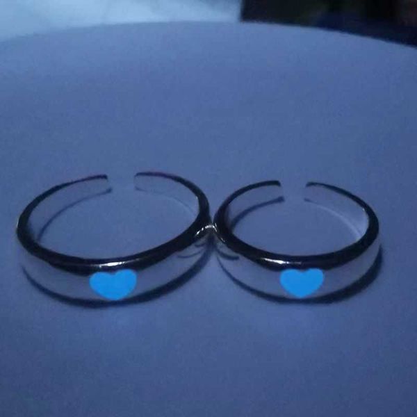

band rings blue pink love heart luminous ring for women men couple glow in dark silver color adjustable couple finger rings jewelry gift aa2