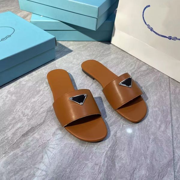 

women slippers flat logo mules triangle buckle pra sandal fashion designers leather slides flip flops summer outdoor loafers bath beach pool, Black