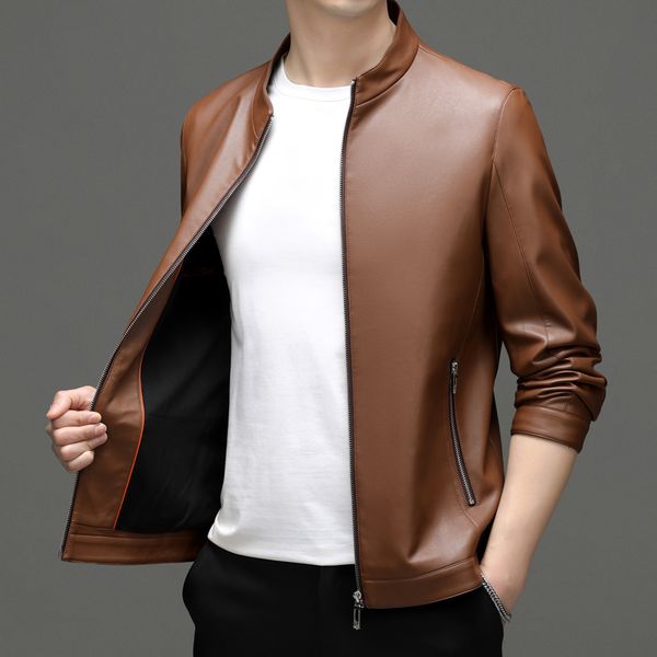 

men's leather faux coat genuine clothes 2023 short shipment biker's jacket stand collar spring 230324, Black
