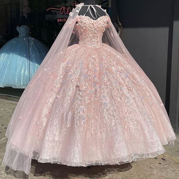 

pink princess quinceanera dresses off shoulder with wrap cape lace-up corset 3d flower bead vestidos 16 prom party wears, Blue;red