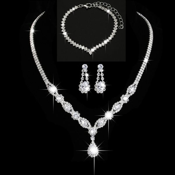 

12 sets/lot necklace earring bracelet 5 pcs suit inlaid zircon rhinestone pearl twinkle decorate adjeustable length necklace wedding party e, Silver