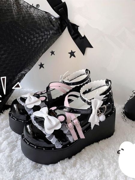 

sandals lolita sweet sandal japanese style bow lace kawaii mary janes shoes buckle design round toe casual platform 230324, Black