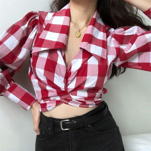 

women's blouses shirts vintage plaid v neck women blouse crop lace up female shirt autumn puff sleeve short shirt female casual dd20 2, White