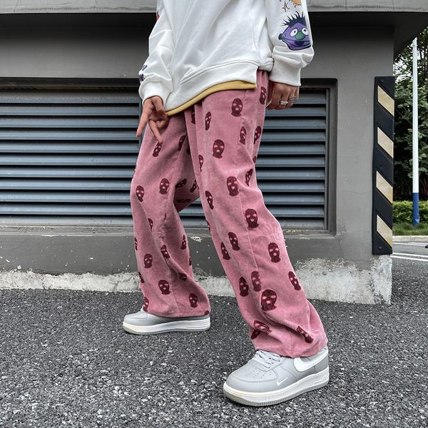 

men's pants y2k skull print corduroy hip hop straight pant baggy drawstring trousers man and women fashion streetwear loose casual 2303, Black