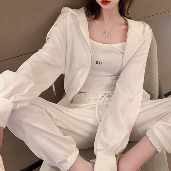 

new designer women two-piece pants nzh2449 3 pieces vest hoodie coat long sleeve hoodies trousers set casual fashion leisure sports street s, White