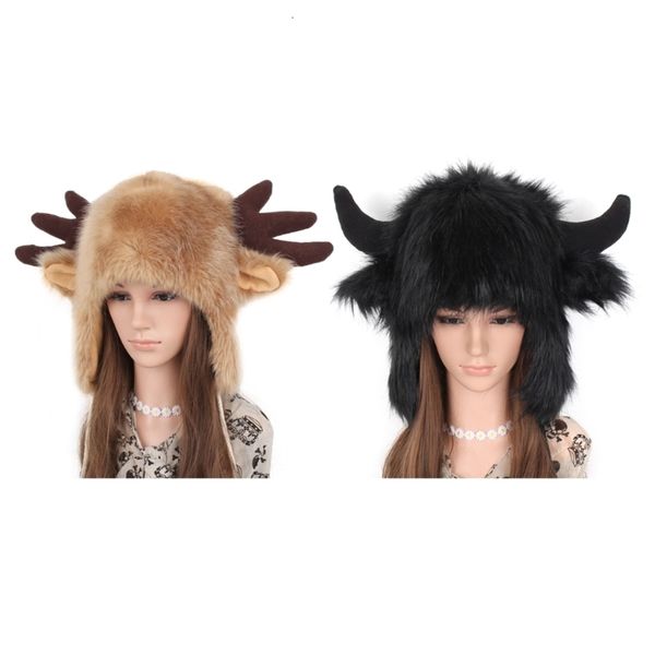 

beanieskull caps women men winter furry plush snow trapper hat cute ox horns deer antlers fluffy animal cap with ear flap cosplay earmuff 23, Blue;gray