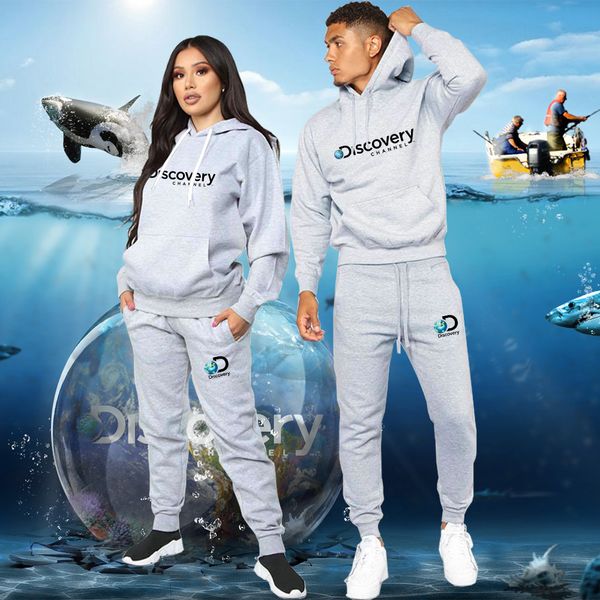 

men's tracksuits fashion discover print couple hoodies sweatshirt sweatpants suit autumn winter warm fleece tracksuit sets hooded cloth, Gray