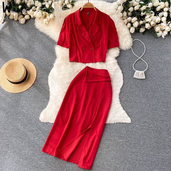 

two piece dress short sleeve blazer office ladies suits elegant solid set chic elastic high waist midi skirts design work outfits 230324, White