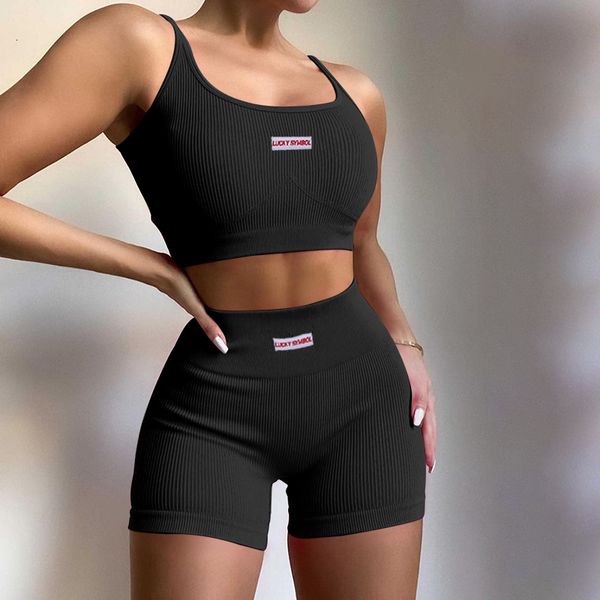 

yoga outfits women casual two piece clothes set u shaped collar sleeveless crop and shorts pink black white 230324