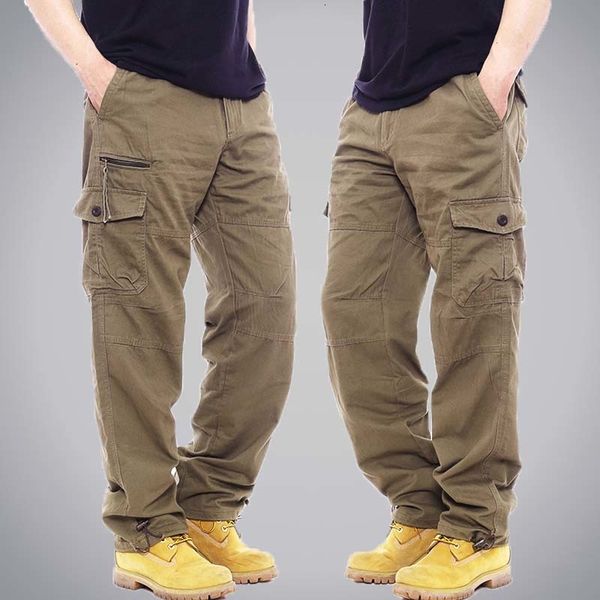 

men's pants outdoor pure cotton cargo pant casual large size with multiple pockets elastic waist loose and wearresistant trousers 23032, Black