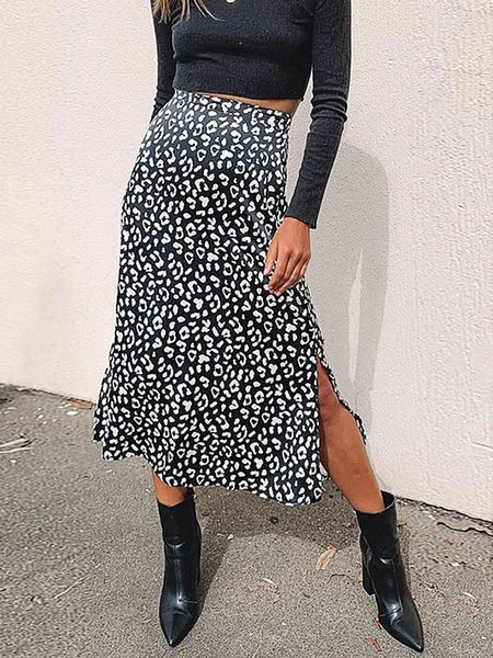 

skirts leopard print chiffon split casual fashion long for women spring summer zip elegant female 230324, Black