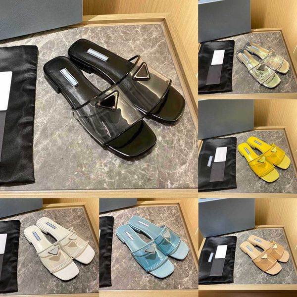 

2023 summer transparent pvc jelly luxury designer slippers sandals slides women leather sole inside enameled metal buckle triangle logo ladi, Black