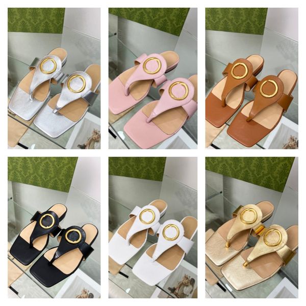 

2023 summer blondie thong sandal square toe metal buckle sandals women interlocking g letter leather flip flops flats mules summer outdoor b, Black