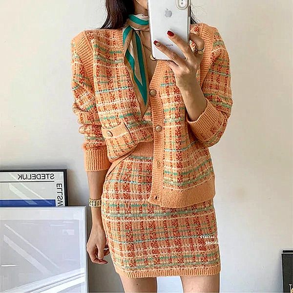

two piece dress 2 pc spring autumn cardigan knitted korean style sweaters orange plaid loose sweater and skirts suits sets sy047 230324, White