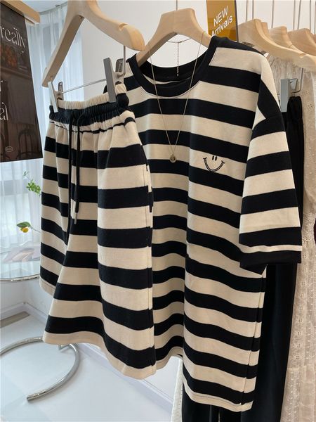 

lady two-piece pants nzh2433stripes embroidered smiling face short sleeve t-shirt and shorts set casual fashion contrasting colors leisure s, White