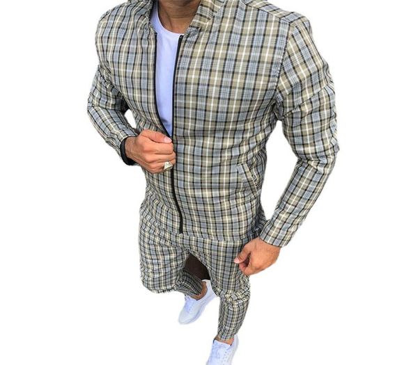 

fashion jackets mens tracksuits sets colorful plaid men casual zipper set autumn pants male sweatshirt pocket9066603, Gray