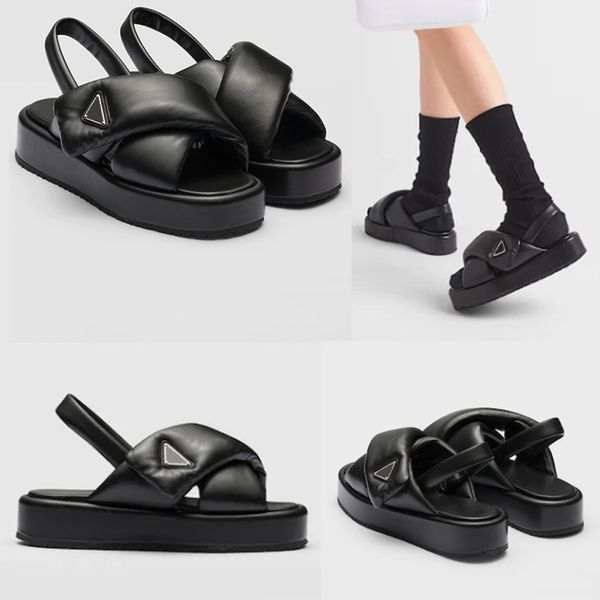 

soft padded nappas leather wedgen sandals z758 enameled metal triangle logo rubber monobloc sole with stamped logo womens designer sandals s, Black