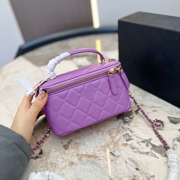 

21a womens vanity box bag totes lambskin leather purple cosmetic case purse with handle mirror aged gold metal hardware crossbody luxury des