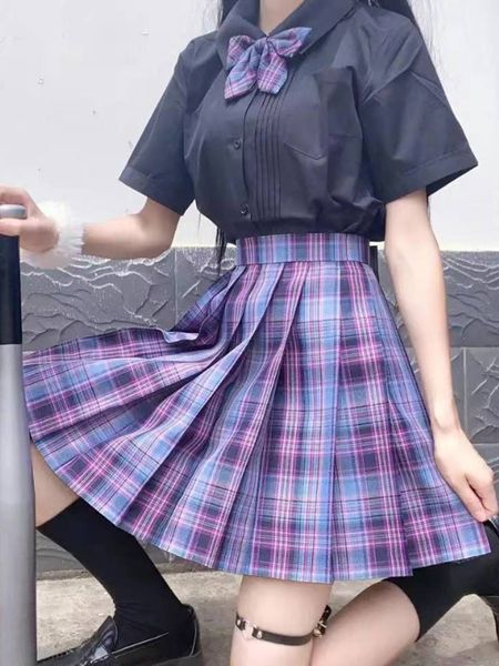 

skirts zoki plaid women pleated bow knot summer high waist preppy girls dance mini cute a line harajuku japan faldas 230324, Black
