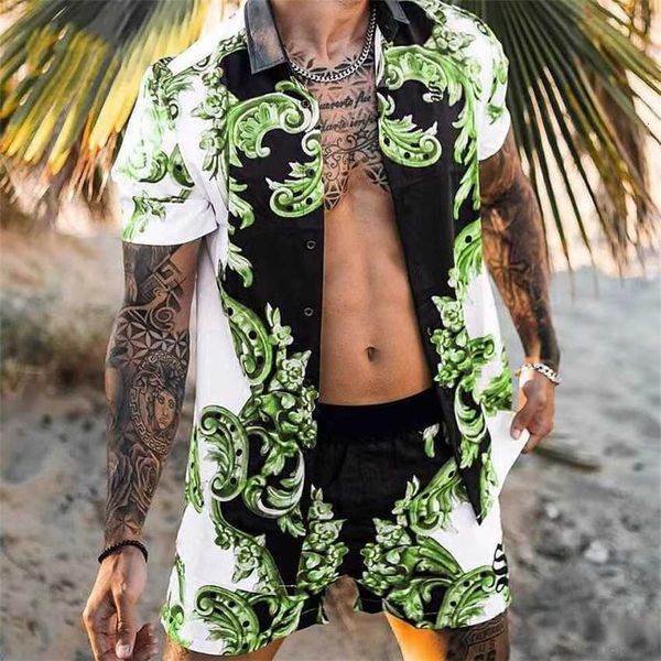 

2023 summer men's shirt casual loose short sleeve shorts beach set, White;black
