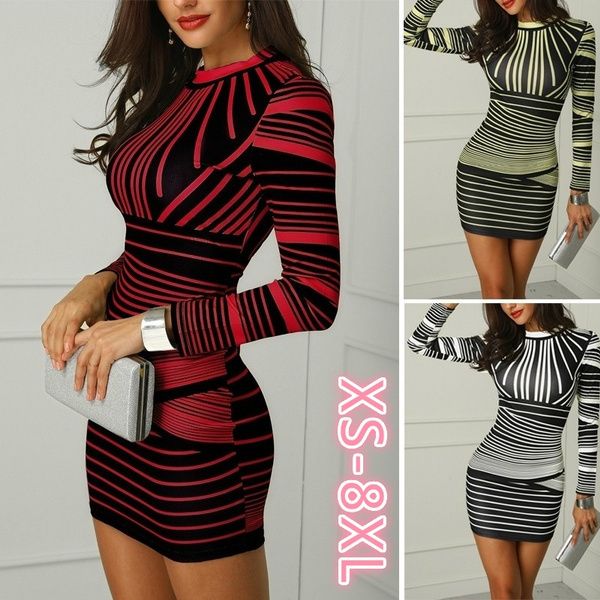 

casual dresses nes women stripe digital printing slim long sleeve female bodycon large size xs 8xl 230323, Black;gray
