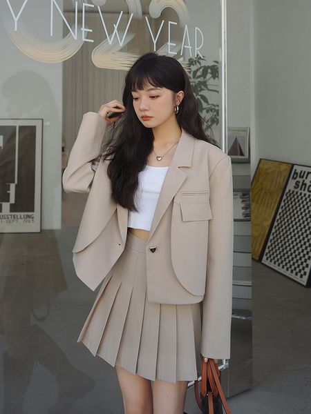 

two piece dres suits sets blazer and skirt 2023 spring preppy style elegant korean jacket coat mini pleated skirts 8698 230324, White
