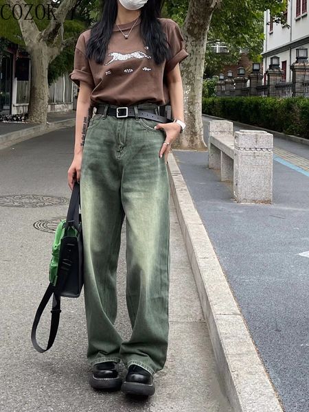 

women's pants capris retro green jeans for women summer plus size straight high waist slimming loose wide leg mop pants y2k pants 23032, Black;white