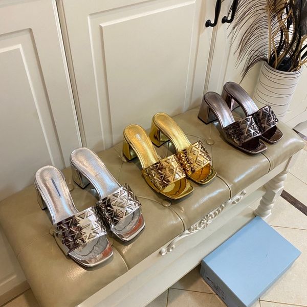 

2023 summer women's slippers - fashionable metallic color from brand, showcasing noble temperament 6.5cm thick heels showcasing brand f, Black