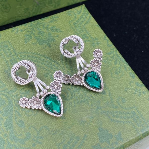 

fashion green crystal teardrop dangle chandelier stud earrings aretes orecchini retro brand letter falower earring for women party engagemen, Golden;silver