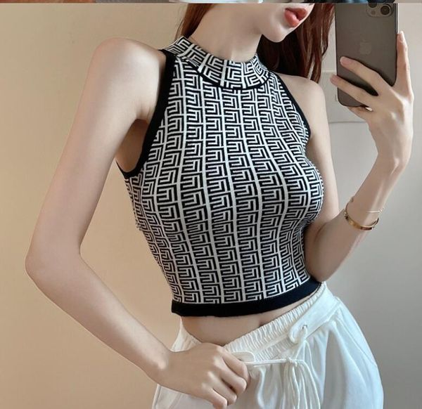 

women knits half turtleneck tees sleeveless knitted sweater vests summer paris ladies geometric pattern slim knitwear tank, White