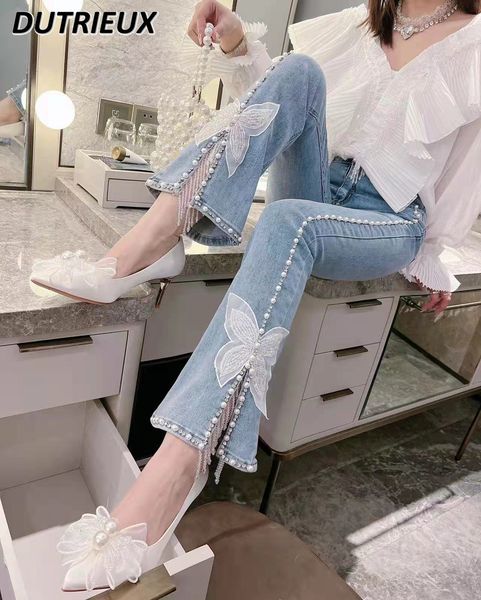 

women's jeans spring 2023 korean sweet heavy industry beads diamond bow split flared jean's high waist stretch slim denim trousers, Blue