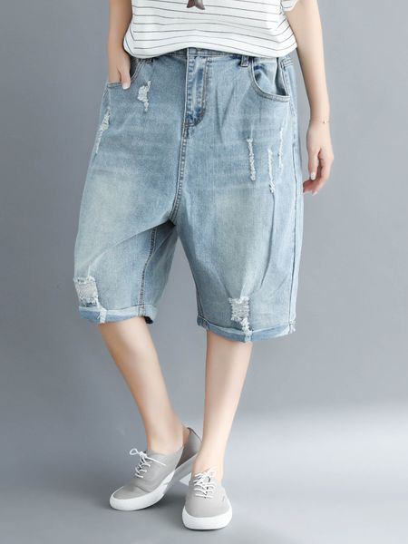 

women's jeans summer fivepoint loose thin ripped elastic waist denim jogger high waisted fashion clothes 230324, Blue