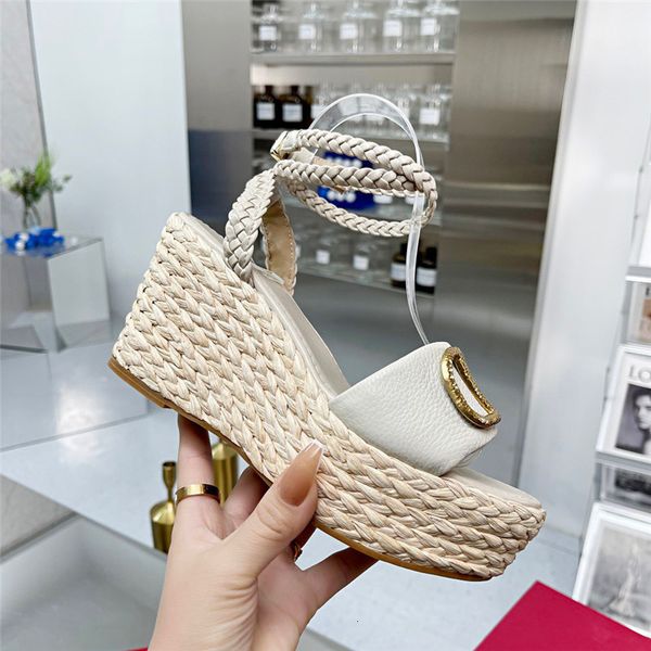 

sandals platform wedges sandal fashion straw soles fisherman shoes genuine leather weave ankle buckle design pumps ladies 230324, Black