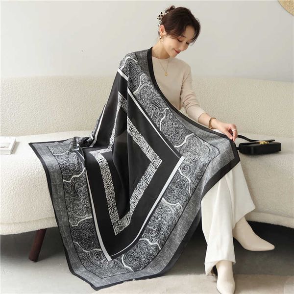 

sarongs 2022 design silk satin square scarf for women print large 110cm neck tie female hair hand bandana shawl weap foulard hijab p230323, Blue;gray