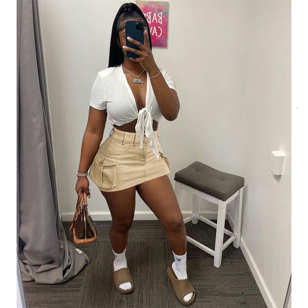 

skirt solid mini cargo high waist button fly side pockets bodycon casual skirt spring summer streetwear 230324, Black