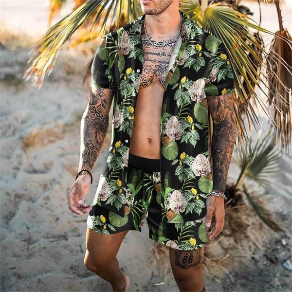 

european size 2023 men's hawaiian beach flower shirt short sleeve loose large shirt shorts print suit, White;black