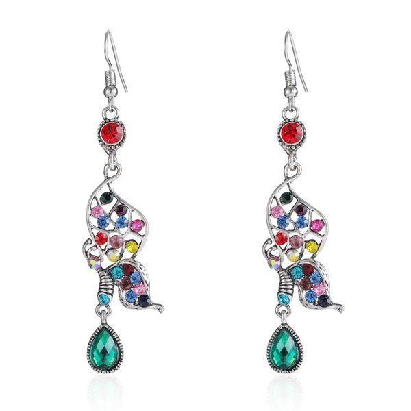 

bohemian red crystal butterfly dangle earrings for women jhumka ethnic vintage hollow statement earrings bride wedding jewelry, Silver