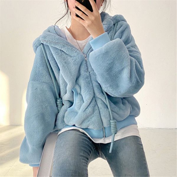 

women's knits tees winter female fashion outwear solid color zipper hoodie parka coat women warm plush jacket loose hooded 230324, White
